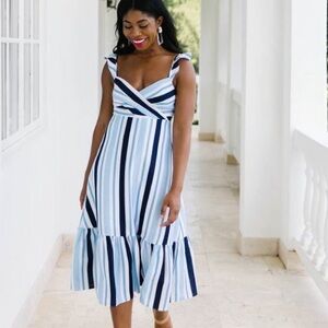 Draper James Striped Tiered Ruffle Hem Fit and Flare Vneck Silk Blend Midi Dress